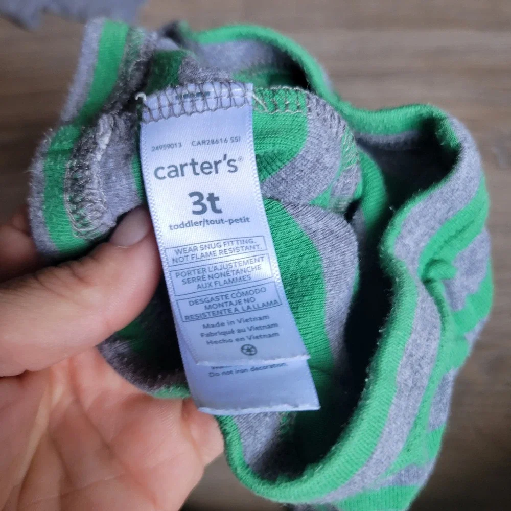 Carters Pajama Set Kids 3T Green Gray Alligator Striped Snug Fit Cotton PJs